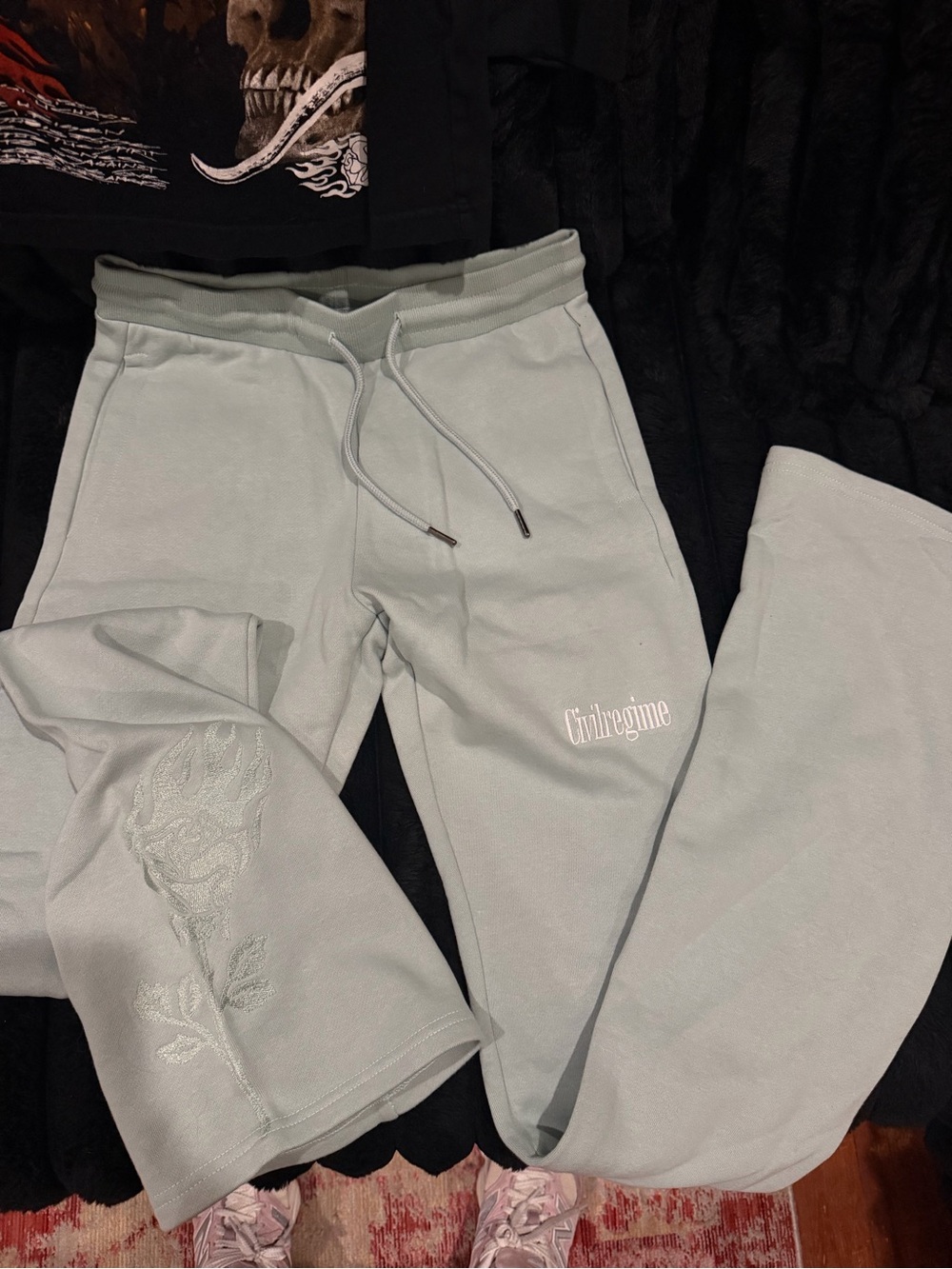 Civil Regime Light Sage Track Joggers with Embroidered Rose